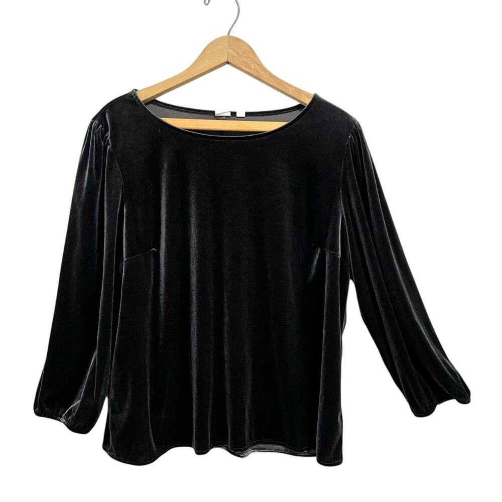 GAP Shirt Womens Large Black Gray Velvet Scoop Neck Puff Sleeve Elastic Cuff Top